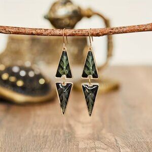 Geometric Triangle Gold Toned with Fern Dangle Earrings